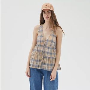 Urban Outfitters Mia Plaid Plunging Babydoll Top
